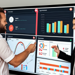 **Data visualization success:** A diverse team collaborates around an interactive data dashboard, highlighting user engagement metrics like time spent and actions taken, emphasizing user-centric design, sparking joy and teamwork.
